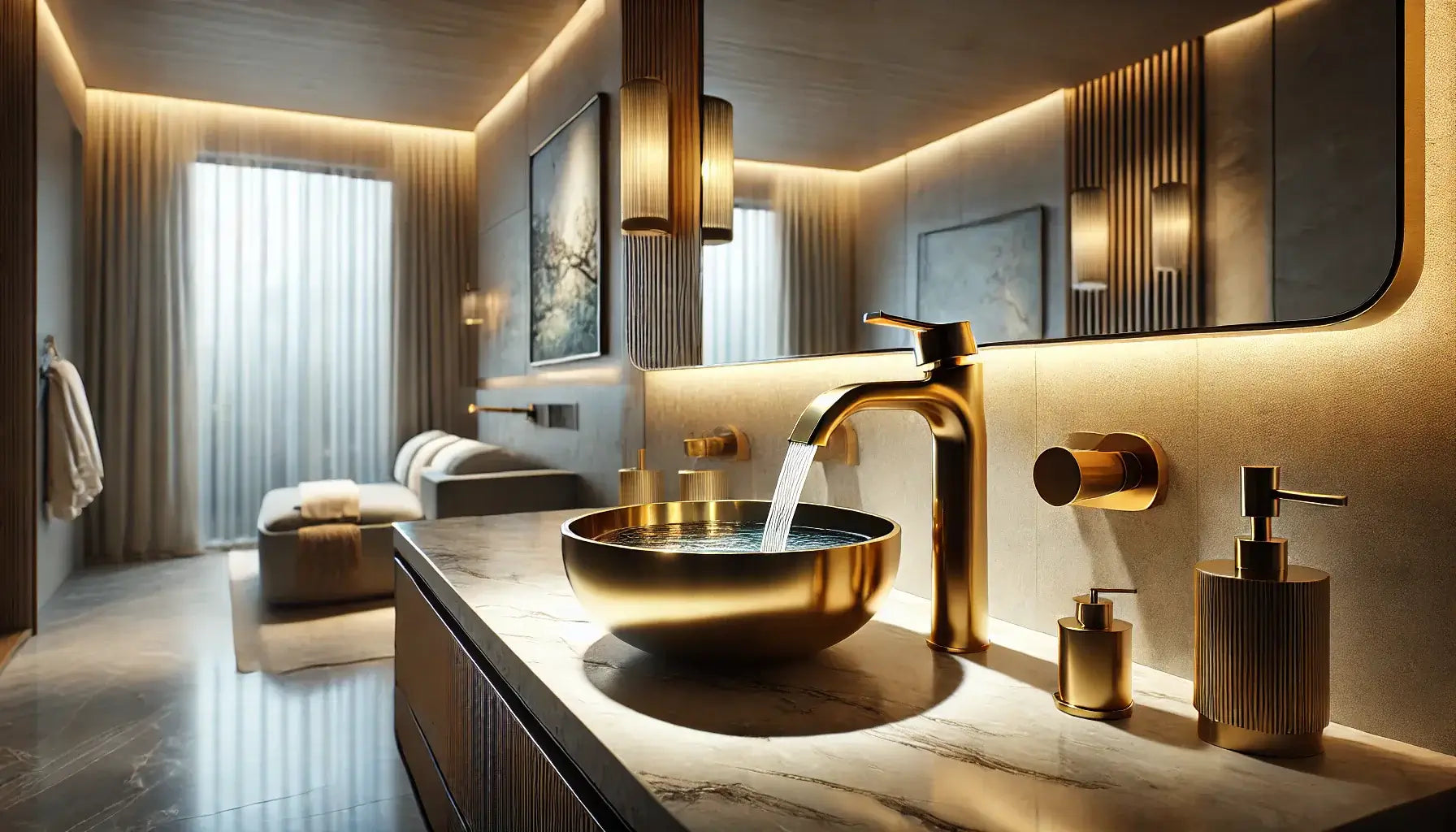 Luxury brass bathroom faucet in a spa-like sanctuary setting with elegant decor and warm lighting.