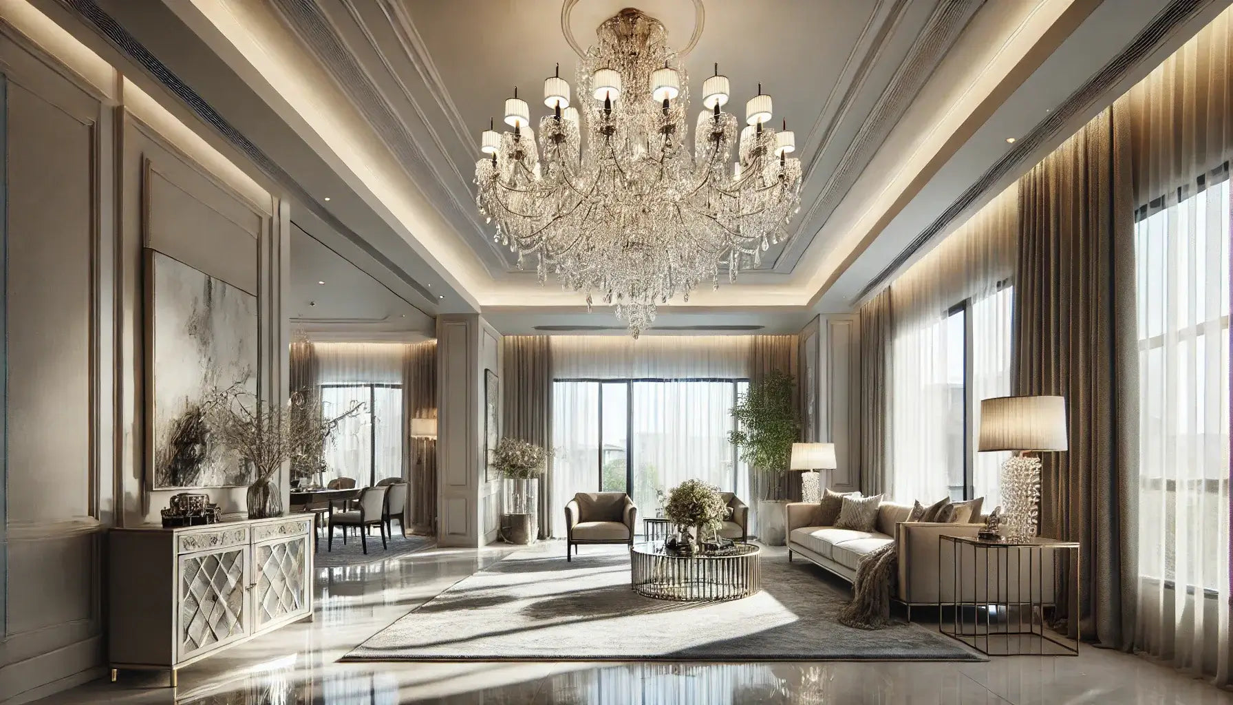 Elegant living room with a grand crystal chandelier, showcasing luxury and sophistication with natural light and refined décor.