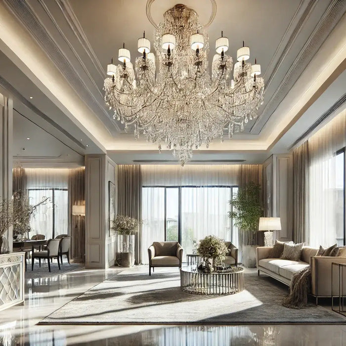 Elegant living room with a grand crystal chandelier, showcasing luxury and sophistication with natural light and refined décor.