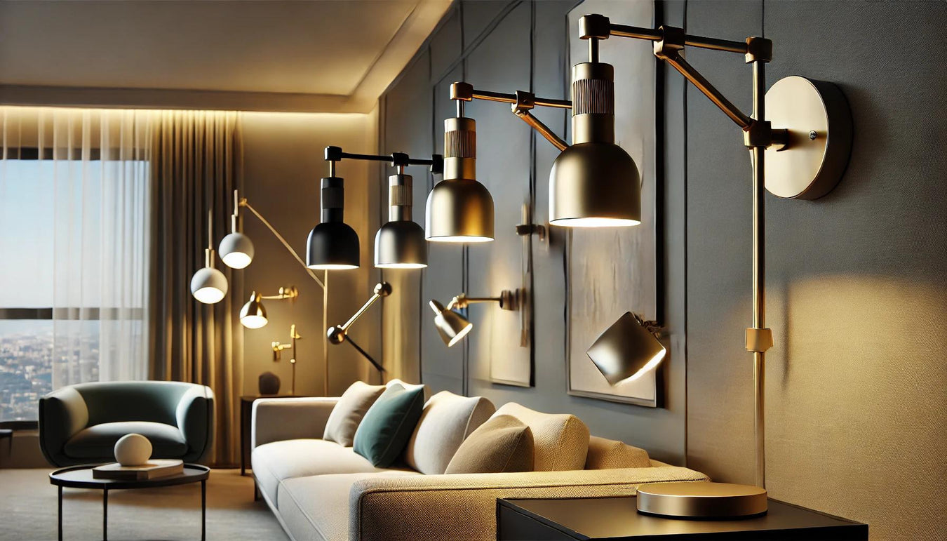 Modern swing arm lights in a stylish living room interior, showcasing adjustable elegance and contemporary design.