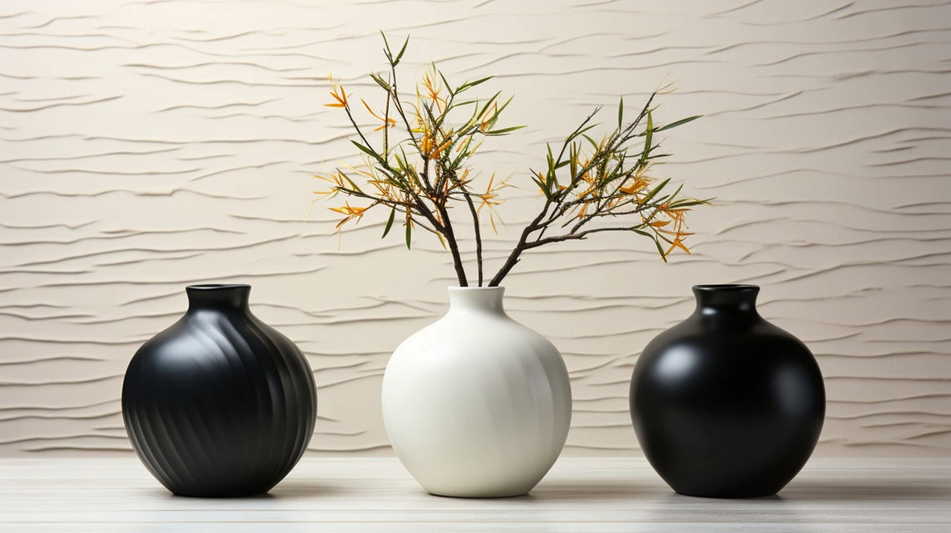 Elegant black and white vases with floral accents from the Vase Expressions Collection, showcasing modern home decor styles.