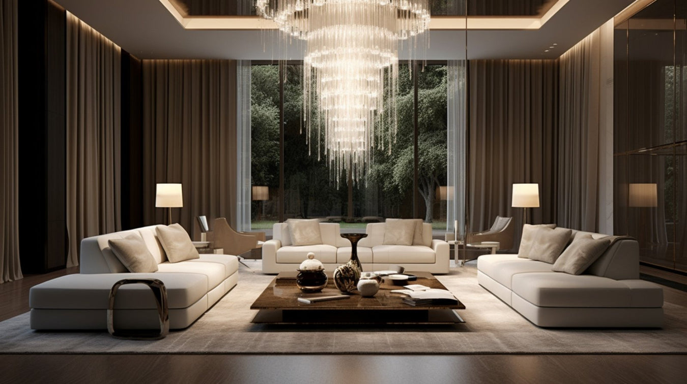 Luxury living room with a modern cluster chandelier, featuring cascading crystal elements illuminating elegant sofas and decor.