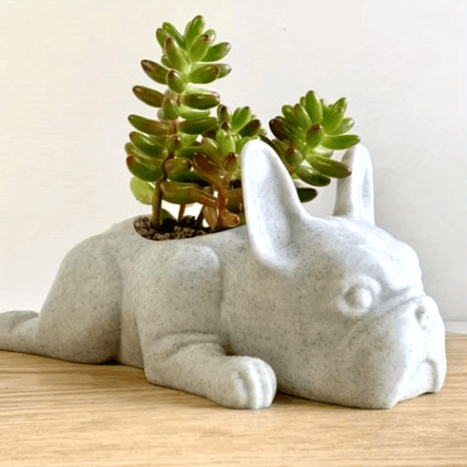 French Bulldog desk planter with succulent, crafted in resin, adding charm to workspace decor.