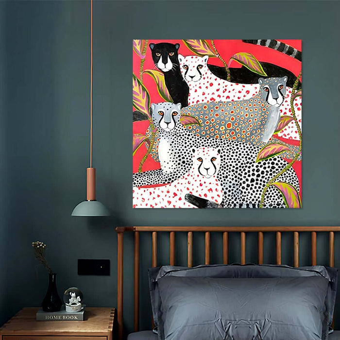 Vibrant abstract leopard canvas art print on bedroom wall décor, featuring colorful patterns and frameless design.