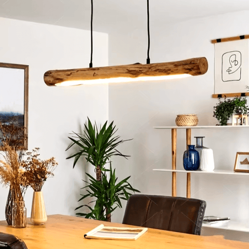 Rustic Wooden LED Pendant Light in a modern dining room setting with plants and art.