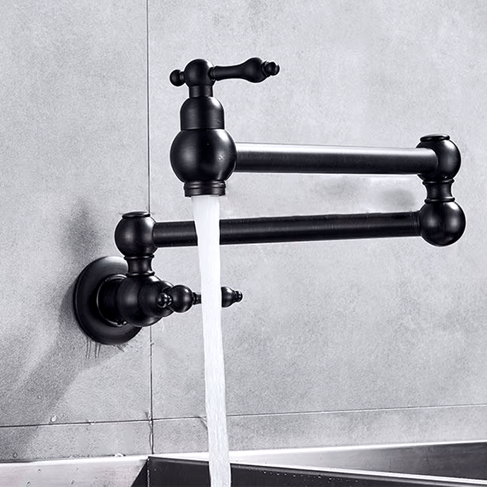 Sleek black foldable kitchen sink faucet with running water for modern space-saving efficiency.