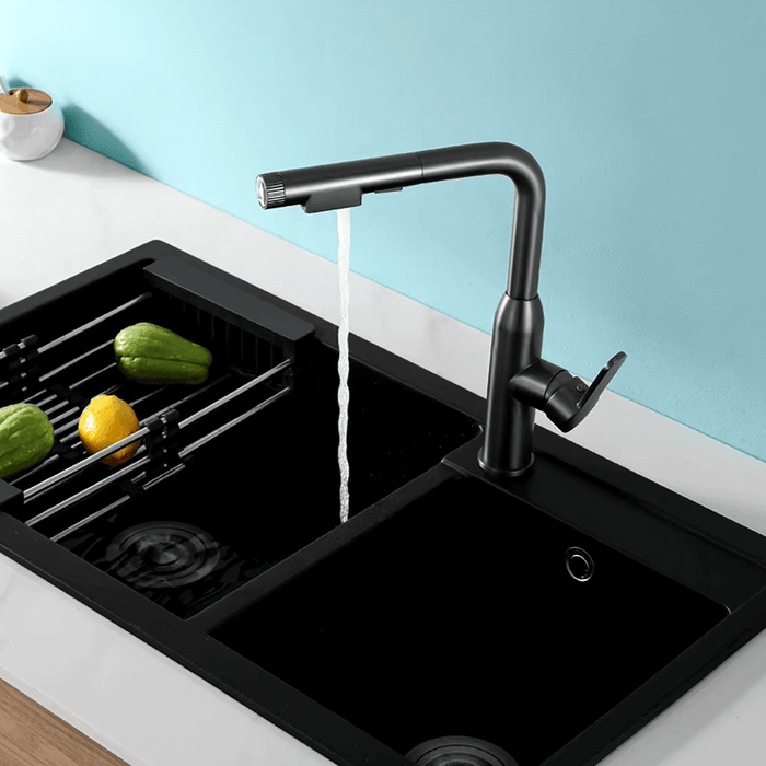 Versatile Swivel Gunmetal Kitchen Mixer with pull-out sprayer over modern sink, featuring a sleek gunmetal finish and 360-degree rotation.