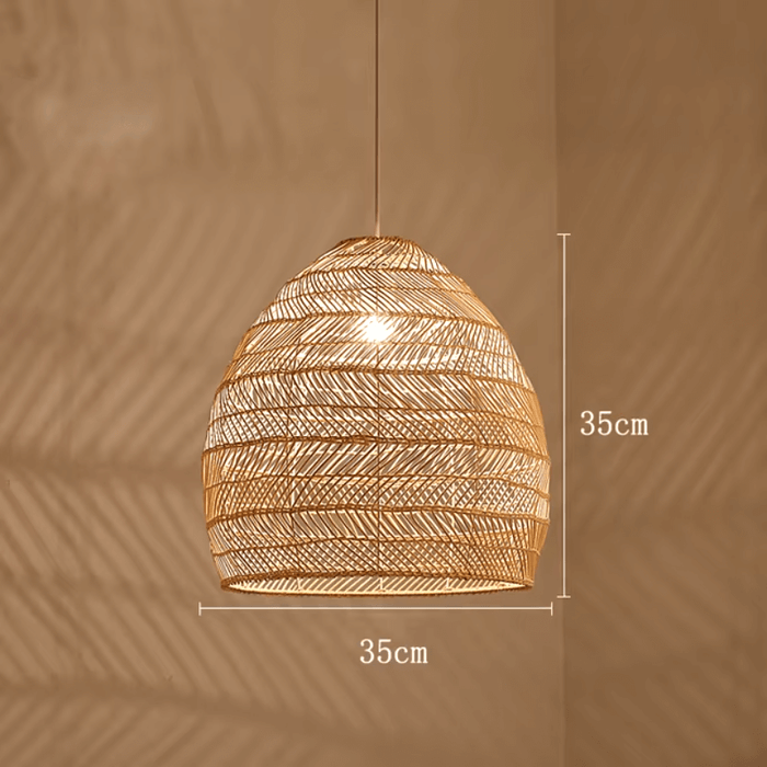 Handwoven bamboo pendant light with measurements, 35cm by 35cm, casting warm glow against beige background.