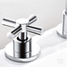 Chrome cross handle of a deck-mount bathtub faucet with a sleek design.