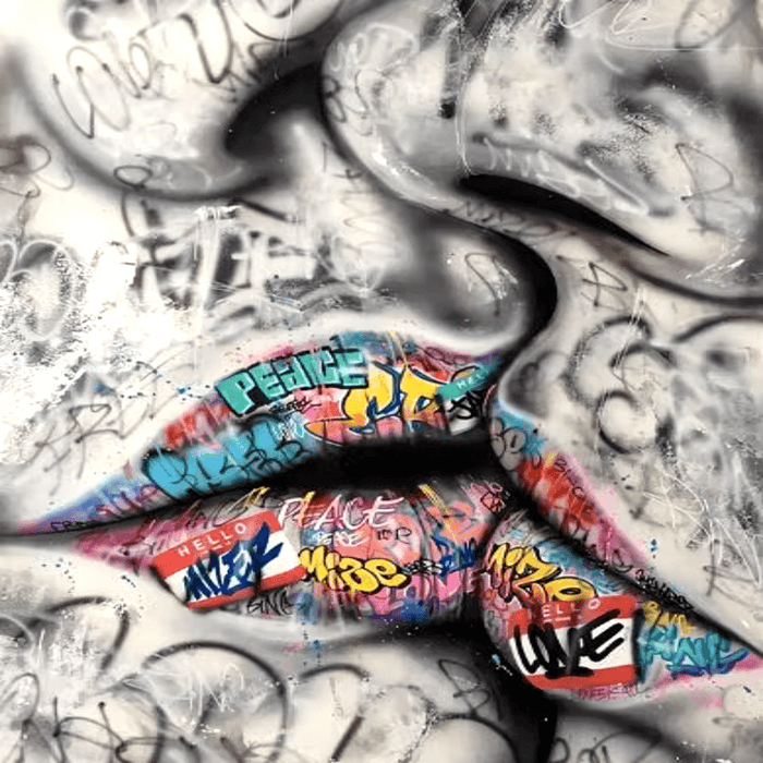 Graffiti Lovers Kiss Canvas Art featuring colorful street art text on lips, blending romance with urban style in abstract expression.