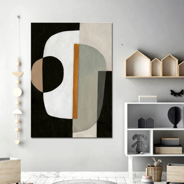 Monochrome Elegance Abstract Canvas Art with gold accent in modern interior setting.