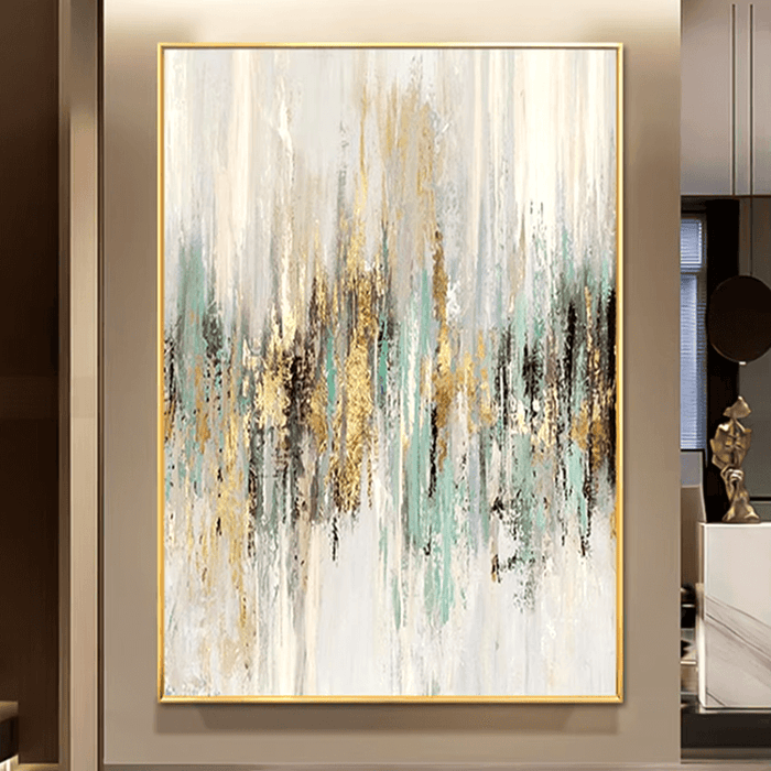 Golden Cascade Abstract Canvas Art with gold, teal, and black streaks, resembling a luxurious waterfall in a modern interior setting.