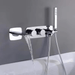 Gunmetal dual-handle waterfall bath faucet with handshower, wall-mounted, modern design, brushed finish in contemporary bathroom.