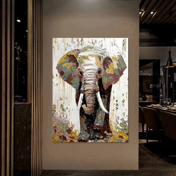 Luxurious elephant canvas oil painting with vibrant colors and texture, adding elegance to a modern dining room.