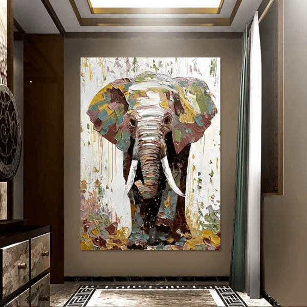 Luxurious elephant canvas oil art with vibrant colors and textured palette knife technique hanging in elegant room setting.