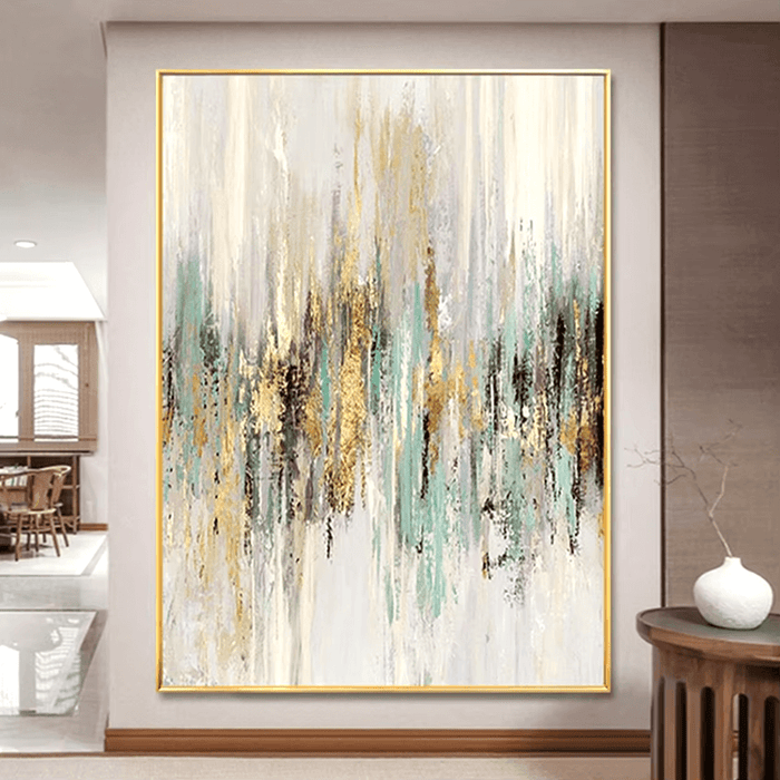 Golden Cascade Abstract Canvas Art with gold, teal, and black vertical brushstrokes hanging in a modern living room.