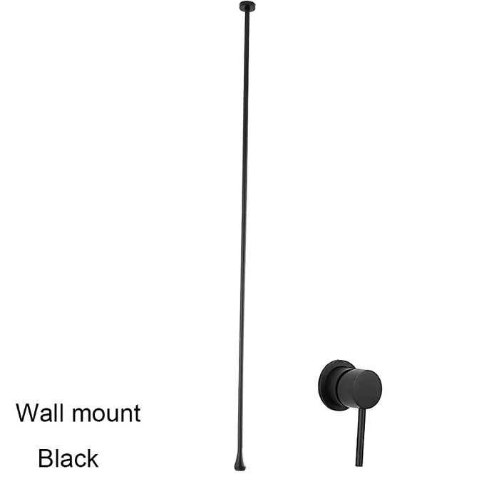 Ceiling-mounted black water drop basin faucet with wall mount design.