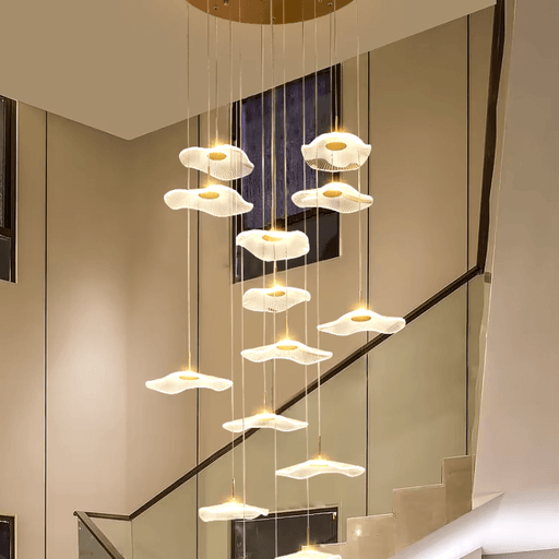 Elegant Flying Flowers chandelier with adjustable LED lights in a modern interior, featuring acrylic and aluminium design.