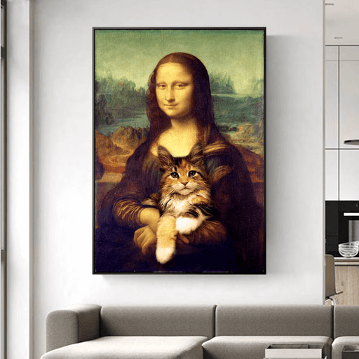 Funny Mona Lisa Cat Canvas art hanging in modern living room, featuring Mona Lisa reimagined with a playful cat.