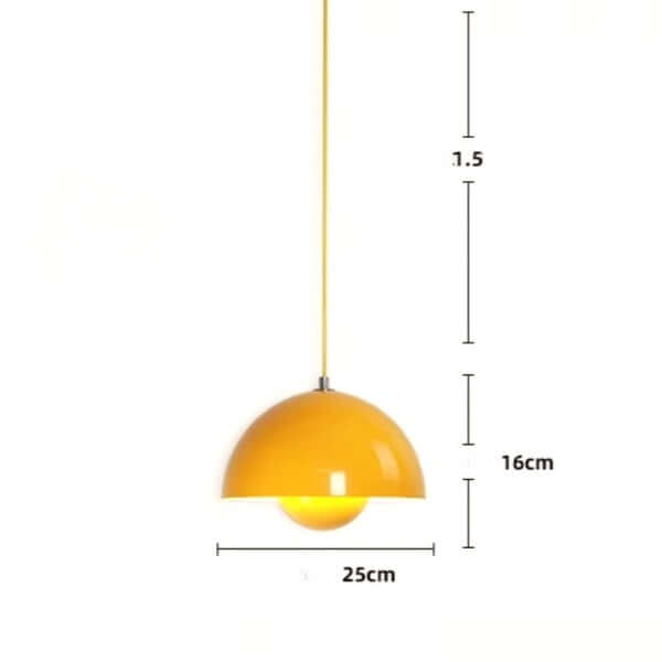 Yellow Danish Flower Bud Pendant Light with dimensions, modern dome design for interior spaces.