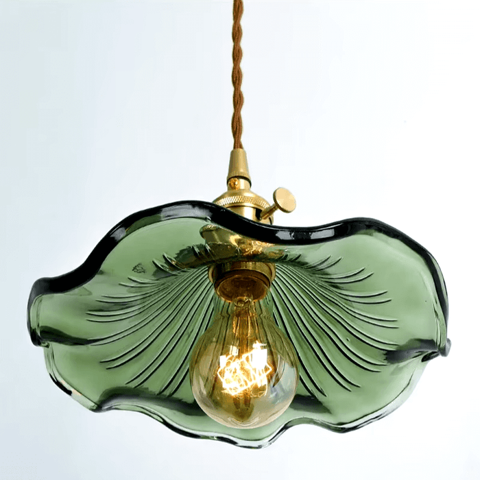 Vintage glass wave pendant light with green wavy shade and exposed bulb, perfect for kitchens or cafes, CE certified.