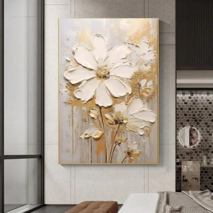 Abstract Bloom oil painting with expressive flowers in a modern room setting, showcasing vibrant brushstrokes and unframed design.