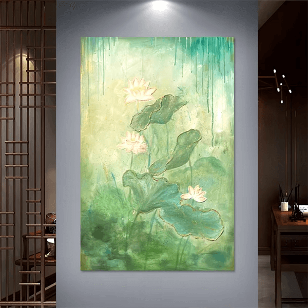 Tranquil Lotus Bloom Oil Painting with ethereal lotus flowers on serene water, featuring soothing green and white shades.