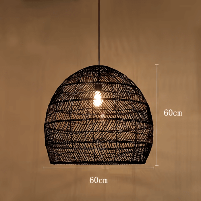 Handwoven bamboo pendant light with a warm glow, dimensions 60cm x 60cm, enhancing home decor with organic design.