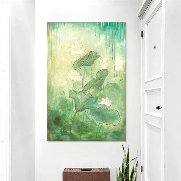 Tranquil Lotus Bloom Oil Painting with ethereal lotus flowers on serene water, adding calmness and depth to room décor.