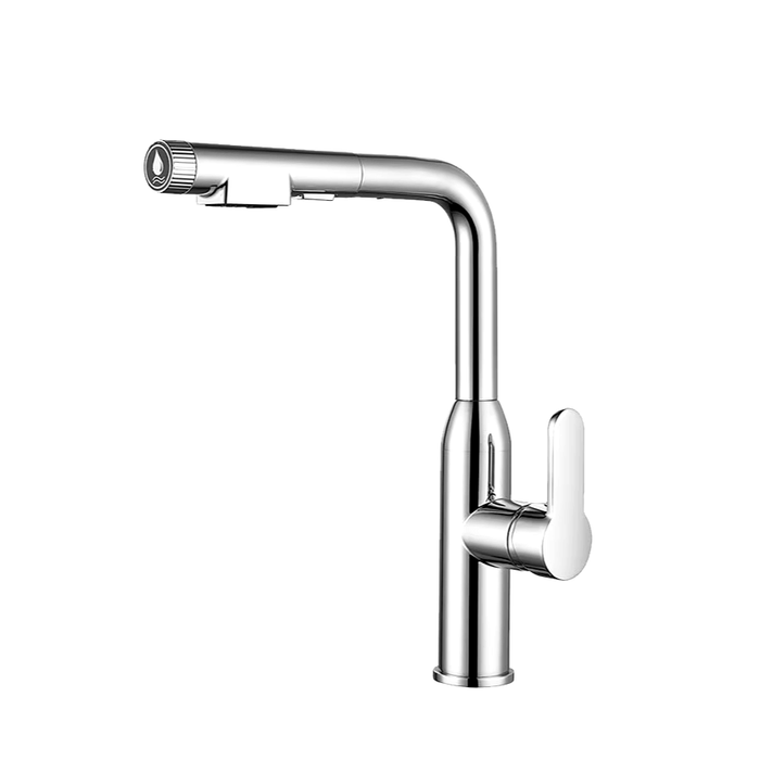 Sleek swivel kitchen mixer with gunmetal finish and pull-out sprayer, featuring a modern design for efficient water use.