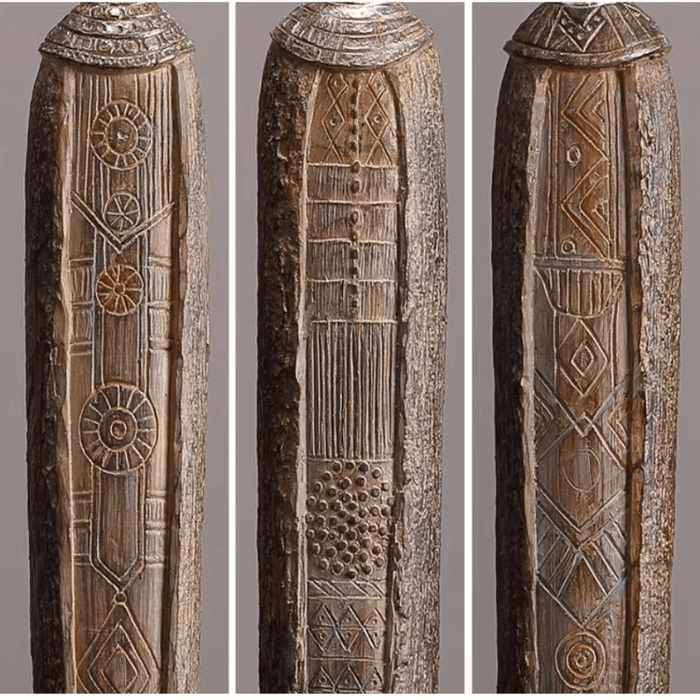 Intricately carved wooden sticks with geometric patterns and designs in African style.