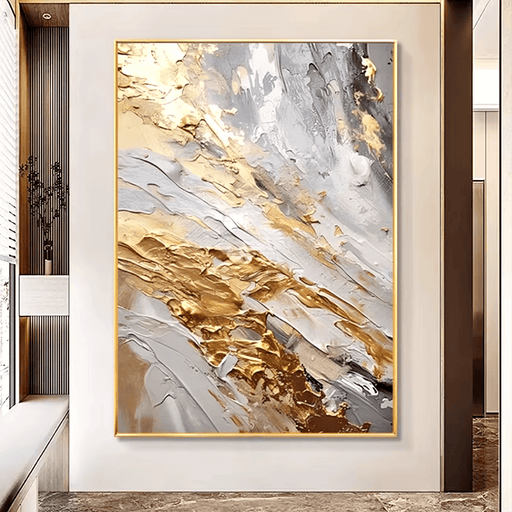 Luxurious gold foil abstract canvas art with textured metallic strokes in neutral tones, perfect for modern home decor.