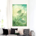 Tranquil Lotus Bloom oil painting hangs in a modern living room, showcasing serene lotus flowers in soothing greens and whites.