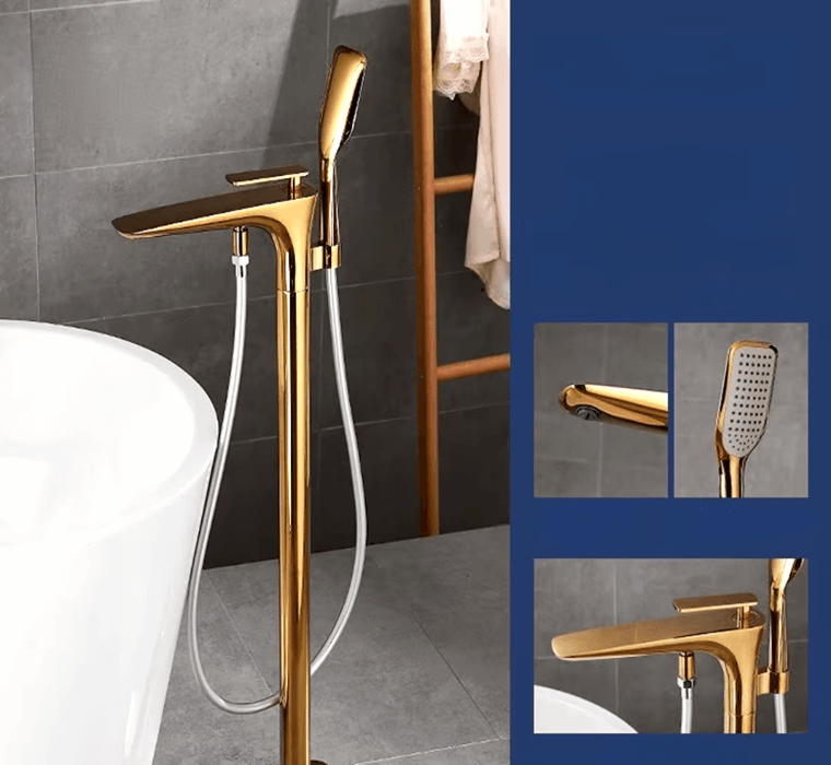 Sleek gold floor standing bathtub mixer with modern design, featuring a hand shower and minimalist aesthetic.