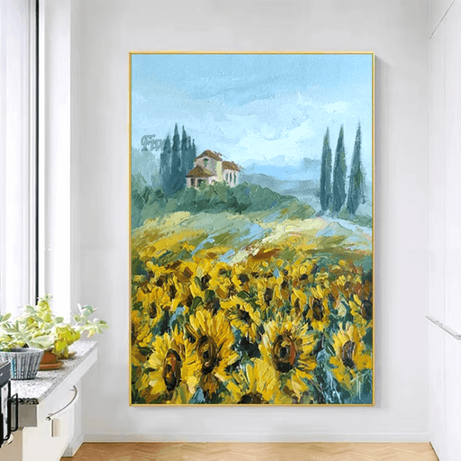 Sunlit Sunflower Fields Canvas Art with a rustic villa, vibrant sunflowers, and rolling hills, displayed on a modern wall.