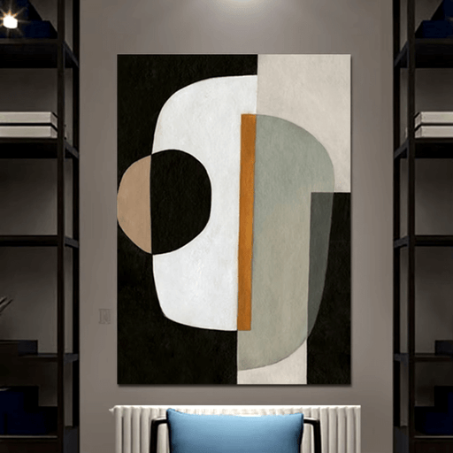 Monochrome Elegance Abstract Canvas Art with gold accent, minimalist black and white design in modern interior setting.