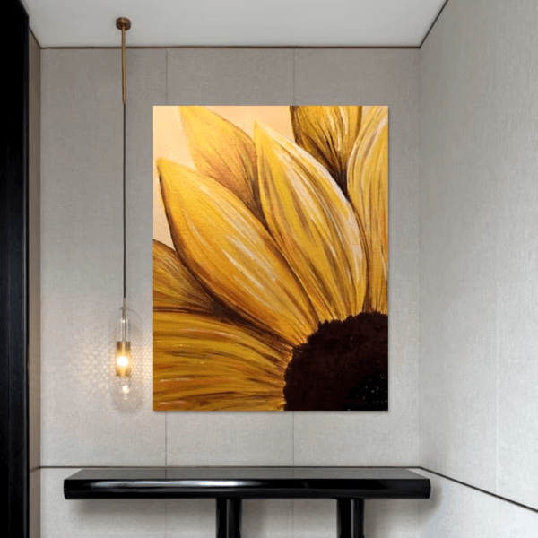 Sunflower Glow Oil Canvas Art showcasing vibrant yellow petals and rich brown center, enhancing room decor with warmth and energy.