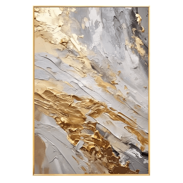 Gold foil abstract canvas art with textured strokes of metallic gold and neutral tones, perfect for modern home decor.