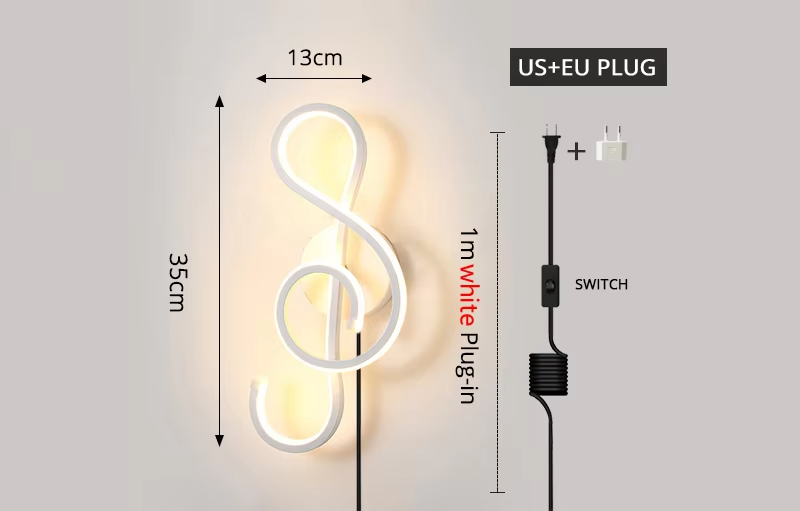 Modern artistic wall lamp with LED spiral design, 35cm height, 13cm width, white plug-in cord, and US + EU power plug.