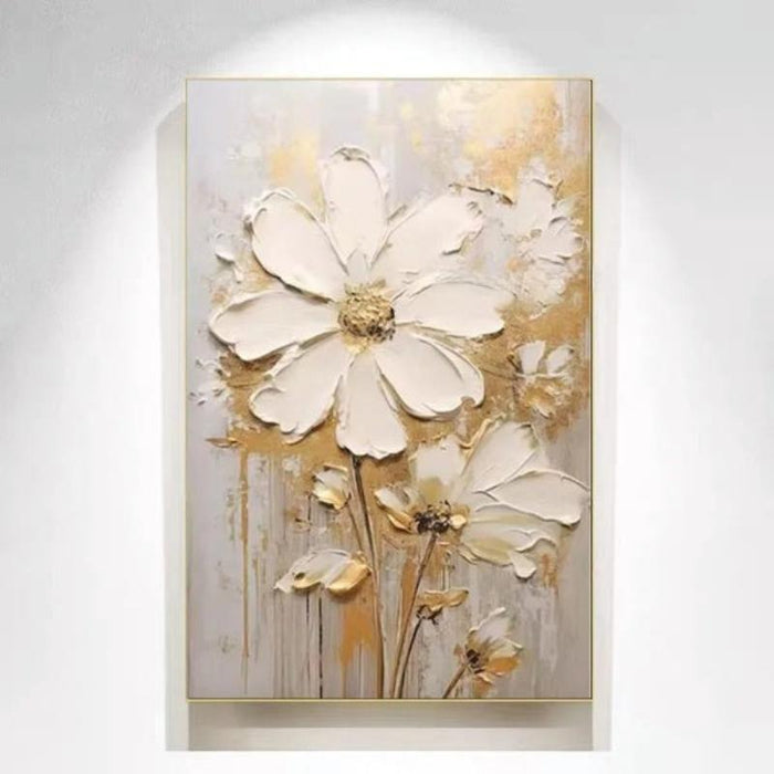 Abstract Bloom oil painting with textured white flowers on a neutral background, modern wall decor.