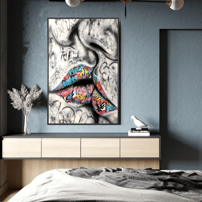 Urban graffiti lovers kiss canvas art with vibrant colors in modern bedroom decor.