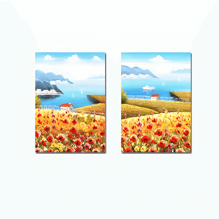 Seaside floral landscape canvas set with blooming fields and coastal view in vibrant colors, perfect for home decor.