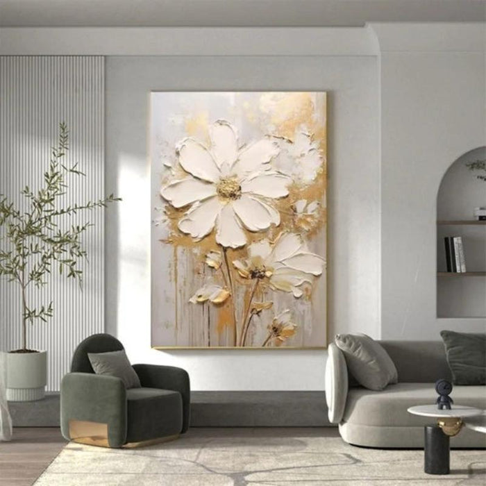 Modern living room with "Abstract Bloom" oil painting featuring large white flowers on textured canvas, adding a stylish touch to the decor.