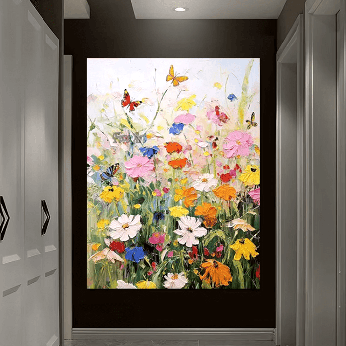 Butterfly Meadow Canvas Art Print with vibrant flowers and colorful butterflies in an oil painting, adding serenity to a modern hallway.