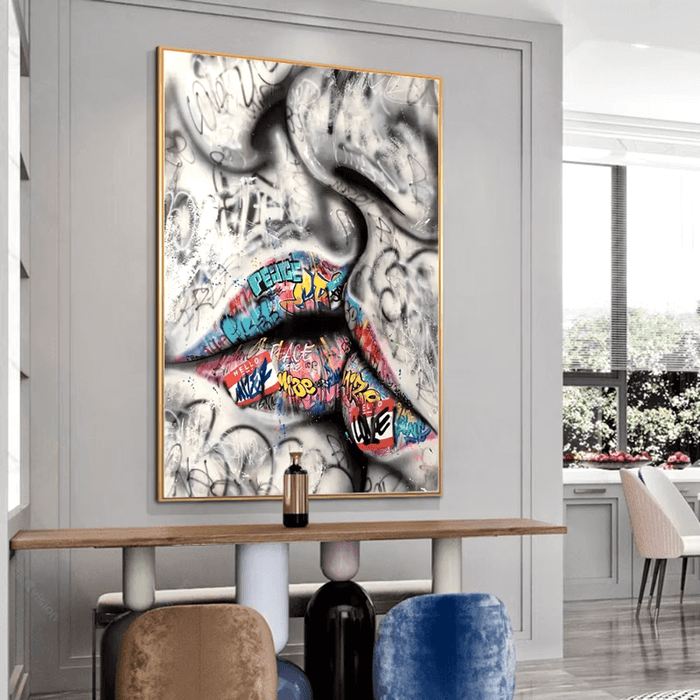 Graffiti Lovers Kiss Canvas Art with vibrant urban graffiti text, adding modern street art style to a contemporary interior setting.