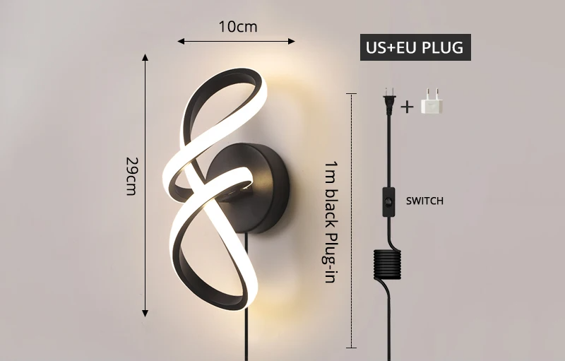 Modern artistic wall lamp with LED technology, featuring a unique loop design, 1m plug-in cord, and US+EU plug options.