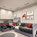 Modern room with dimmable LED grille downlight fixture and stylish decor featuring gray sofas and colorful wall art.