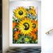 Large vibrant sunflower knife texture art on canvas hanging in a modern hallway, featuring thick textured strokes and vivid colors.