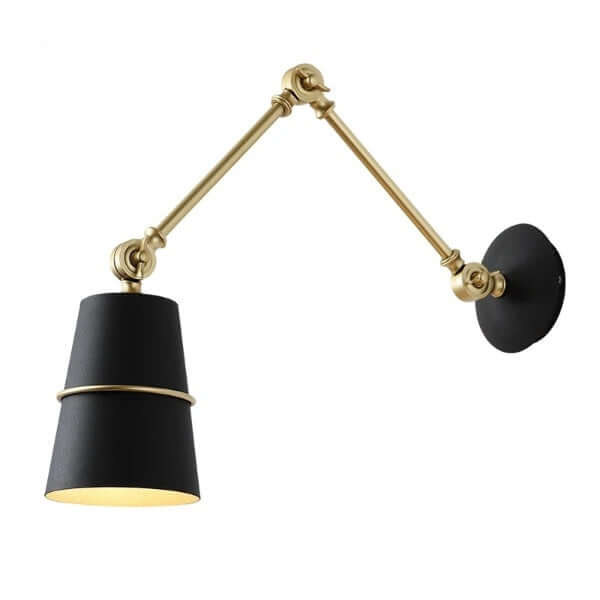 Modern Nordic long arm wall sconce with black pleated iron shade and brass finish, perfect for contemporary interiors