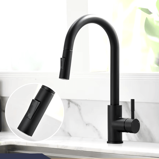 Modern black kitchen faucet with swivel spout and pull-out sprayer, designed for style and functionality in a contemporary kitchen setting.